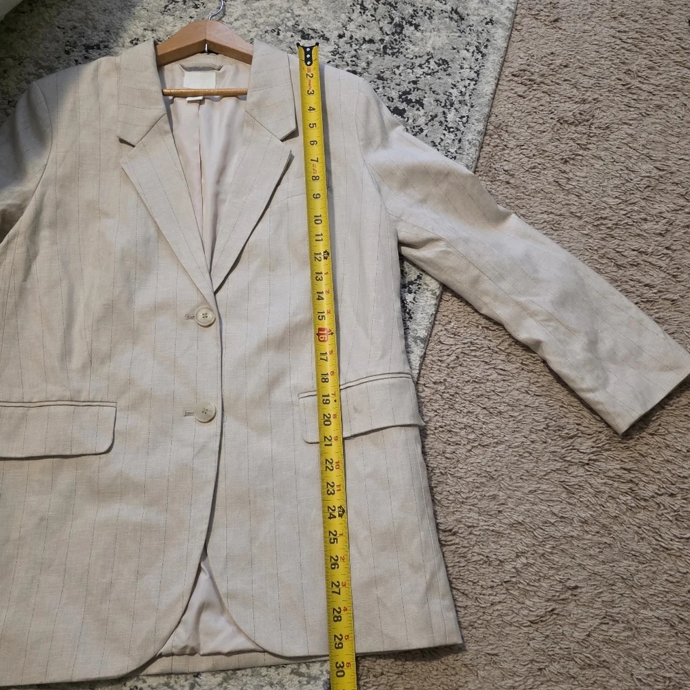 H&M Linen Blend Striped Blazer Womens M Preppy Minimalist Academia Tan Cream